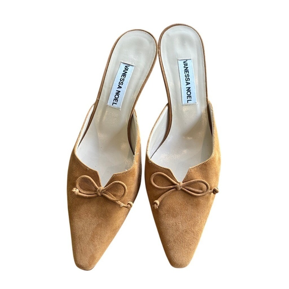 Vanessa Noel Suede Bow Kitten Heel Mules Women Size 39 Made in Italy Tan